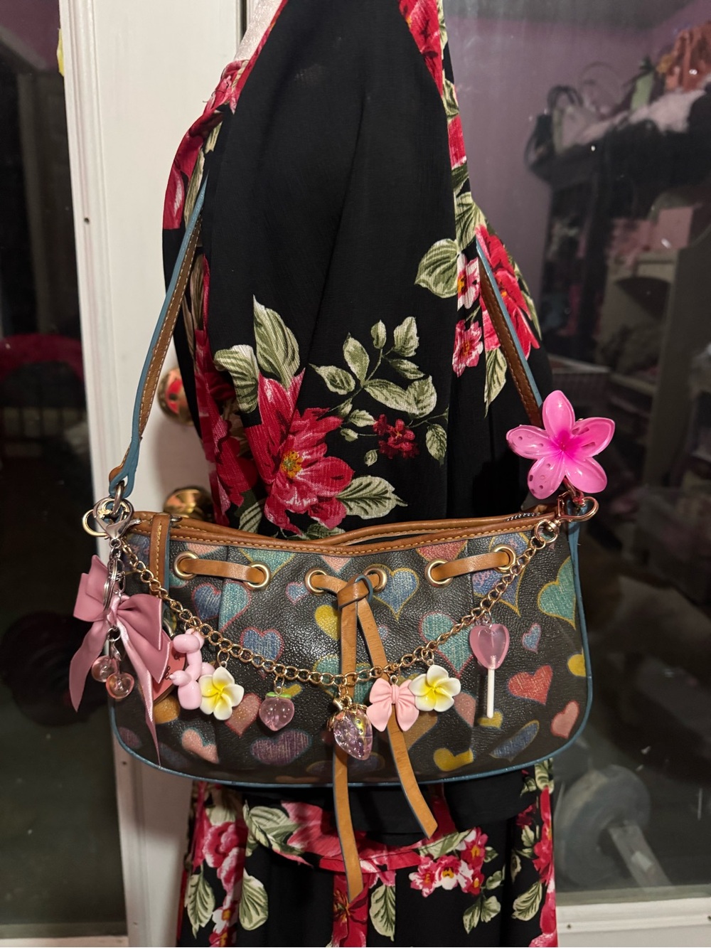 Dooney & Bourke Black Multicolor Heart Mini Shoulder Bag with Charms